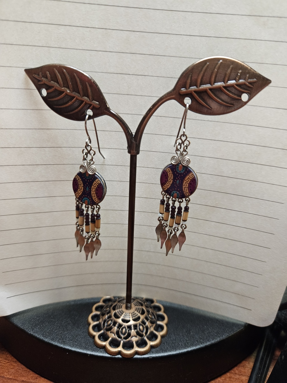 Purple and Gold Tribal Dangle Earrings with Beaded Fringe